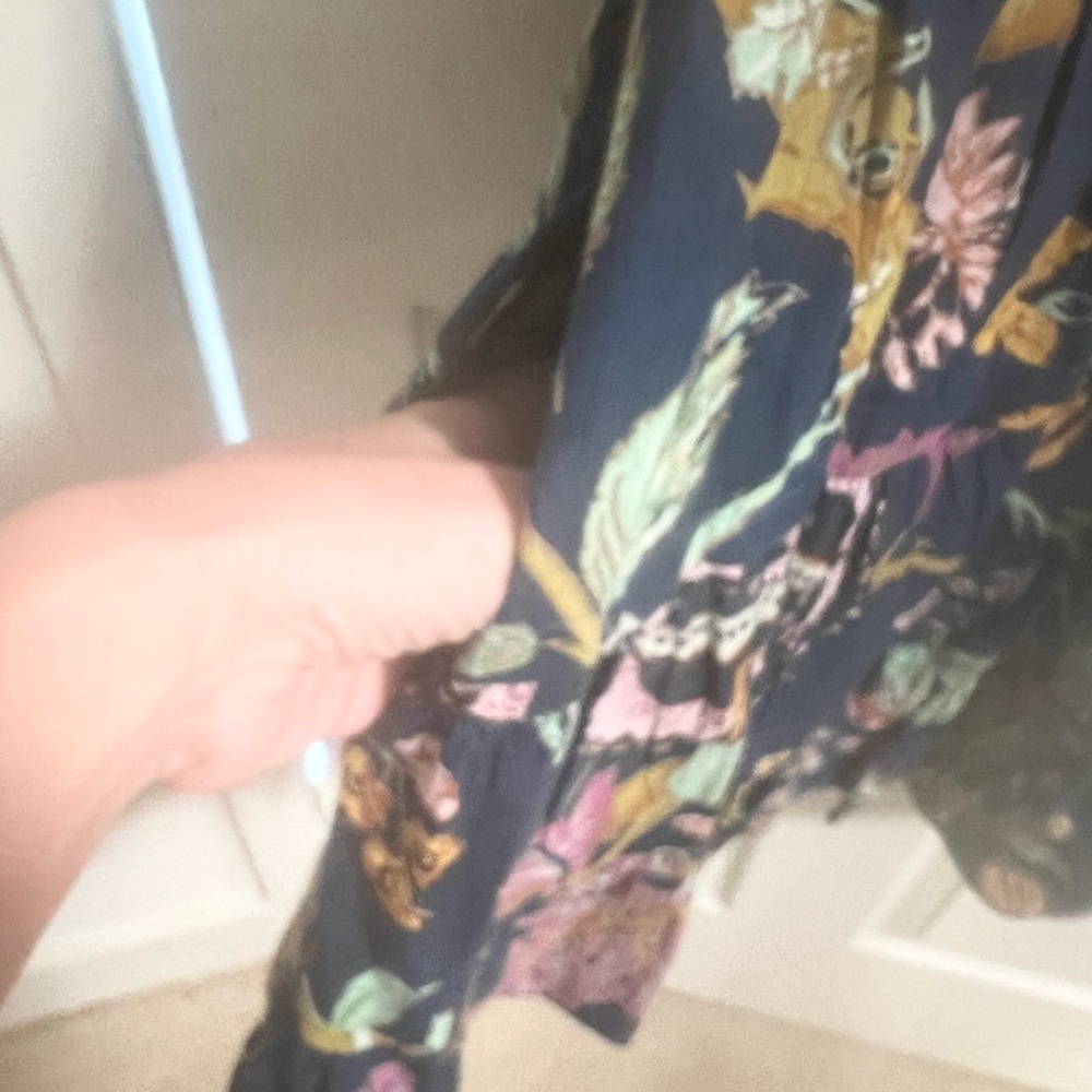 House of Harlow 1960 Floral Tropical Print Navy Blue Puff Sleeve Wrap Dress L - Picture 5 of 8